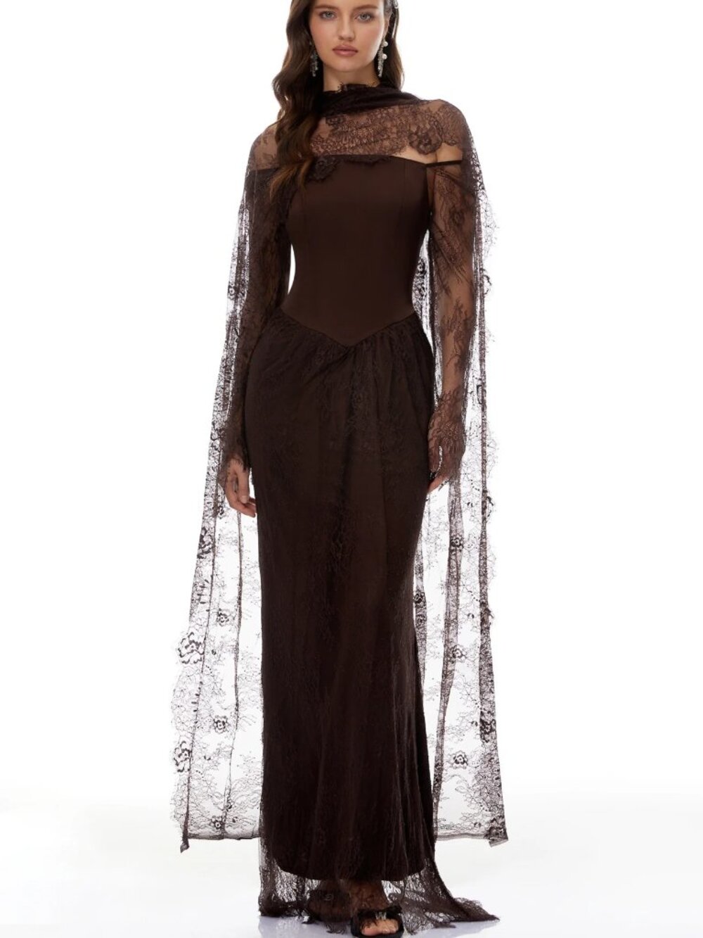 Miss Rosier Christa Brown Floral Lace Maxi Dress with Cape